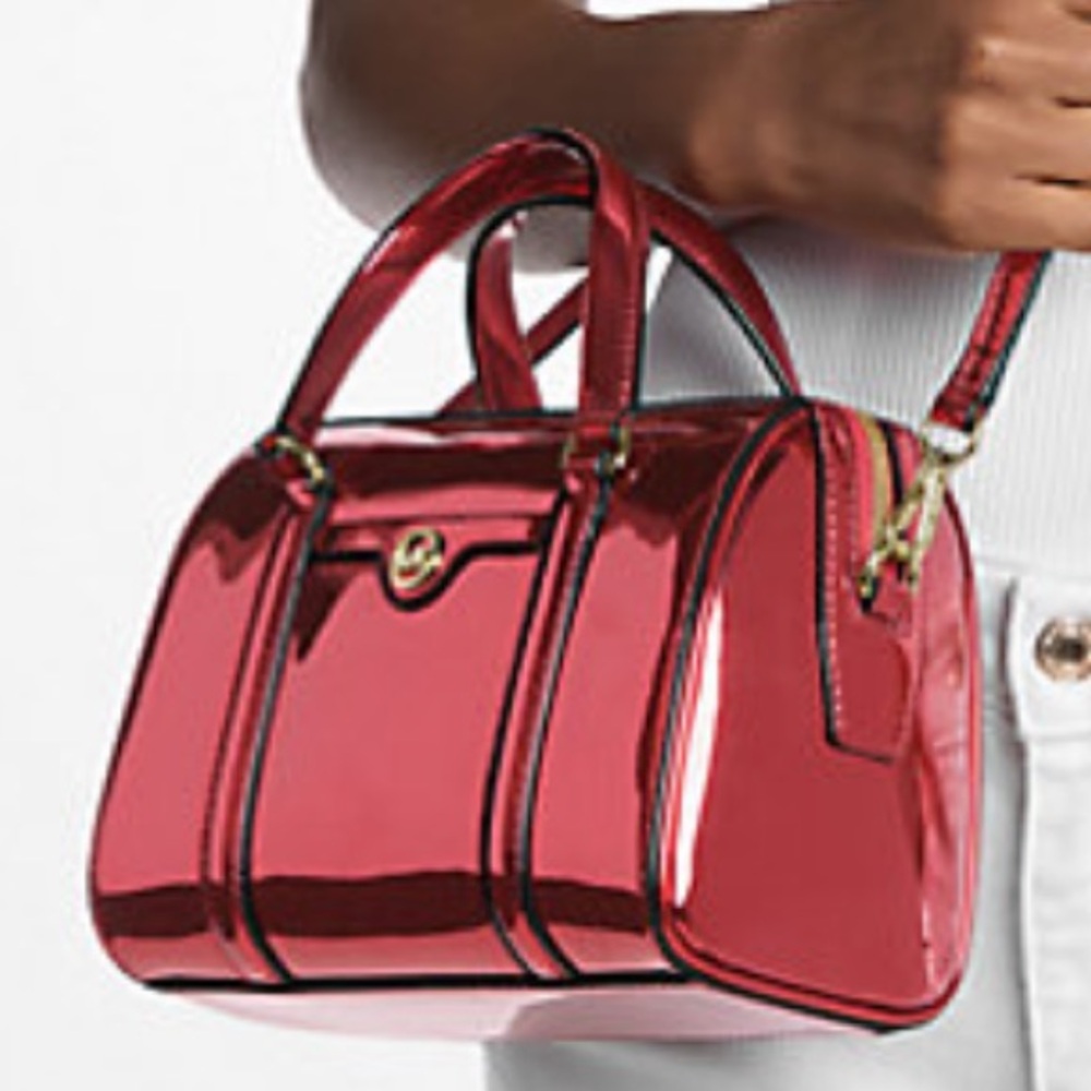 MICHAEL KORS Jet Set Small Metallic Convertible Crossbody Duffle Bag 
Cherry
NWT